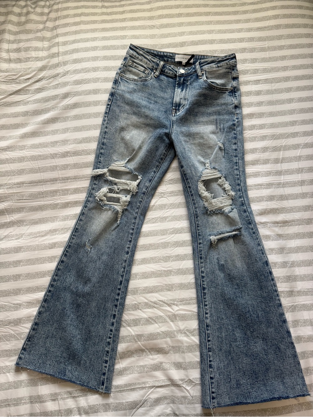 Vintage Inspired Light Blue Distressed Flare Jeans